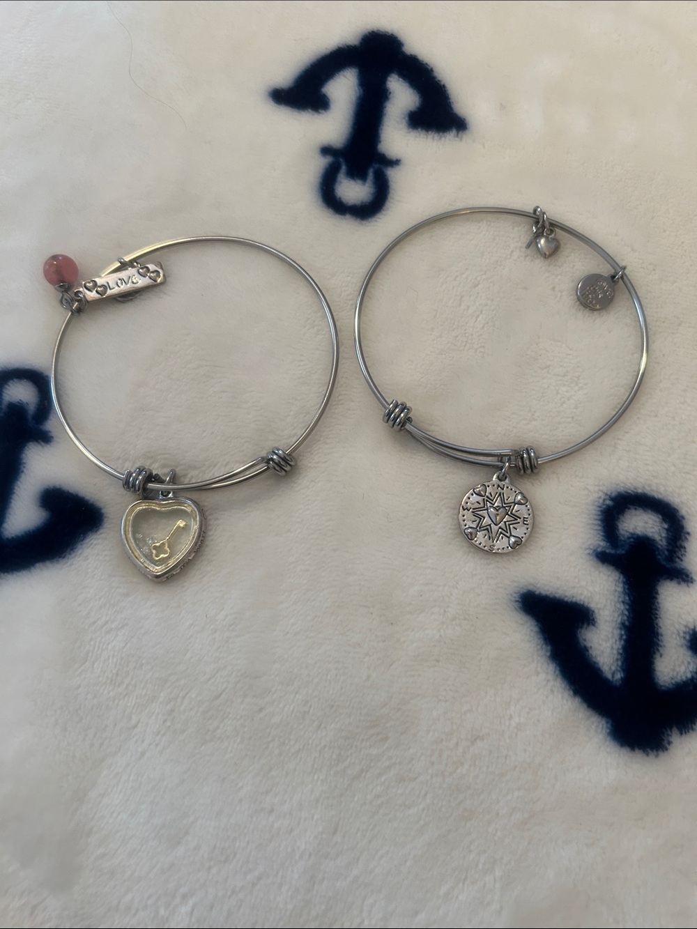Alex and Ani Silver Tone Heart and Compass Bangle Bracelets with Pink Accent